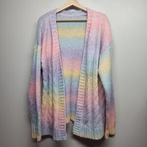 Whimsical Rainbow Cardigan Sweater Women XL Open Cable Knit Dreamy Fairycore